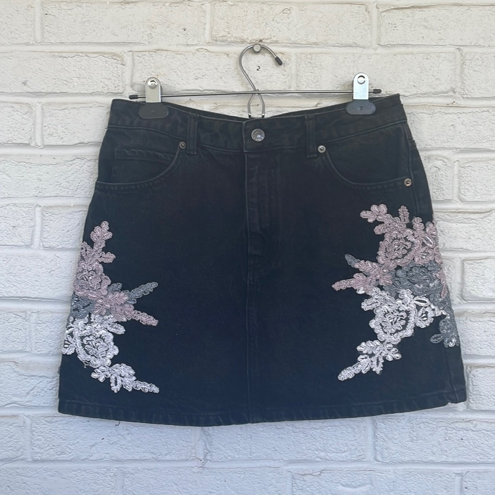 Topshop Black/Grey Denim Moto Embroidered Skirt